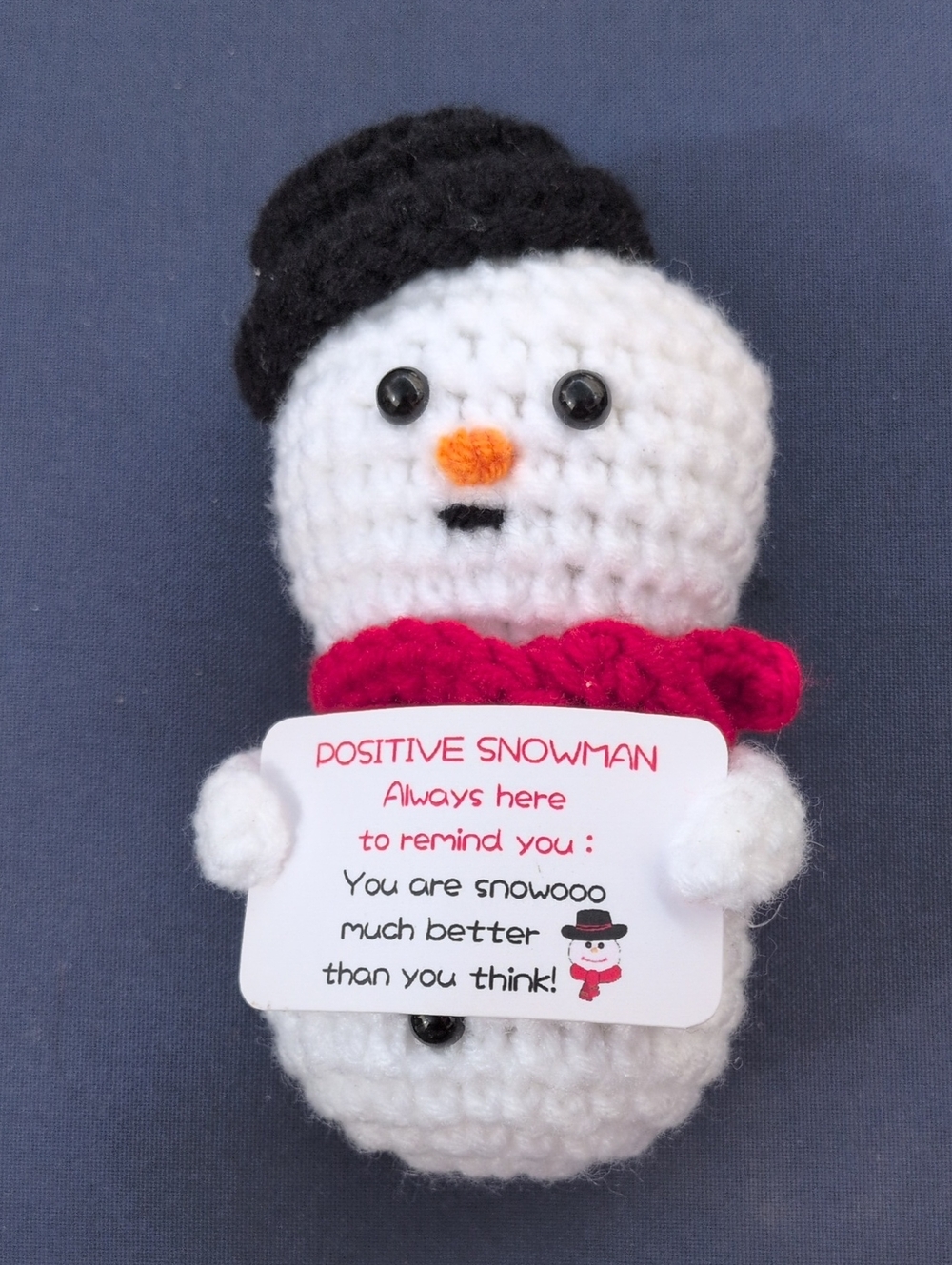 Handmade Crochet Snowman Plush with Pink Scarf 4" X 2"